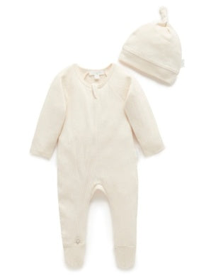 Pure Baby Pointelle Growsuit & Hat Set - Wheat Melange