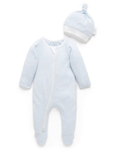 Pure Baby Zip Growsuit & Hat Set - Pale Blue Melange Stripe