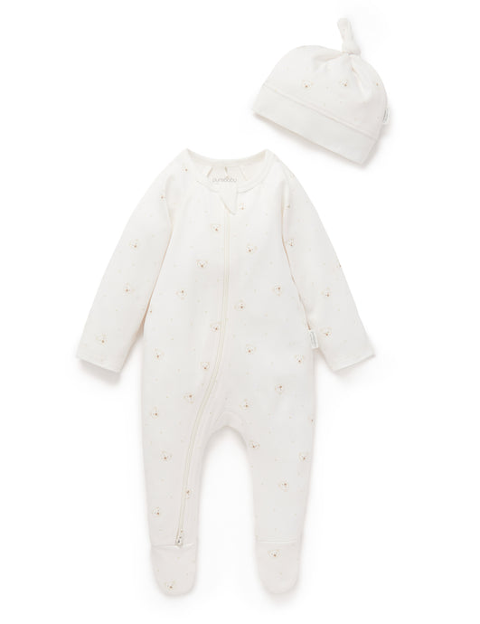 Pure Baby Zip Growsuit & Hat Set - Vanilla Bear